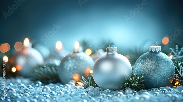 Fototapeta Snowflakes and Ornaments on Blue Christmas Background 