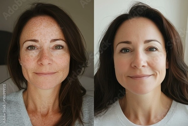 Fototapeta  Before and after selfie, a comparison of age spots removal. Laser treatment effects on age spots on woman's face - skincare transformation