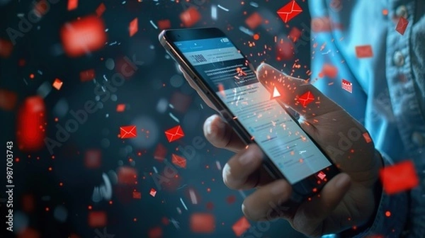 Fototapeta A breaking news alert on a smartphone screen, with a hand holding the phone and red notification icons popping up on a news app.