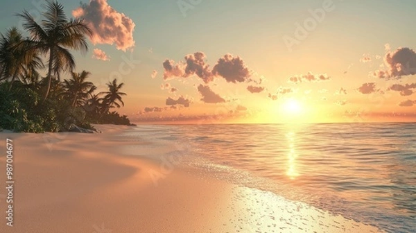 Fototapeta Serene Sunset at Tranquil Beach with Soft Sand Shadows and Beautiful Shoreline