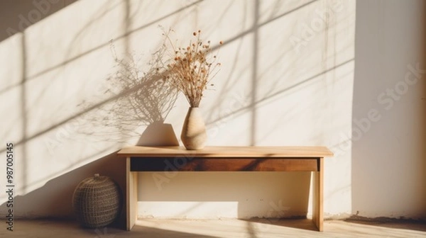 Fototapeta A minimalist interior featuring a wooden bench and two vases bathed in sunlight, casting geometric shadows on a plain white wall, creating a serene and artistic ambiance.