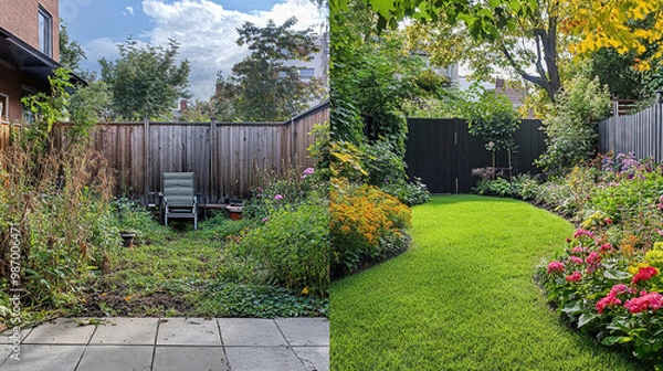 Obraz Garden before and after renovation – wild nature vs. manicured lawn
