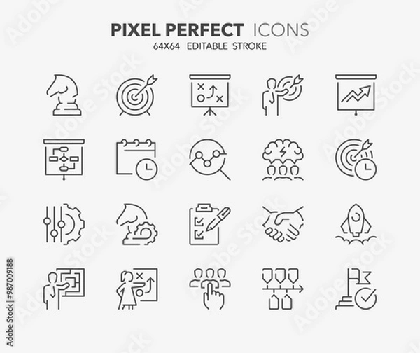 Fototapeta Line icons about action plan. Contains such icons as search strategy, target, scheme, timeline and workflow. Editable vector stroke 64x64 pixel perfect