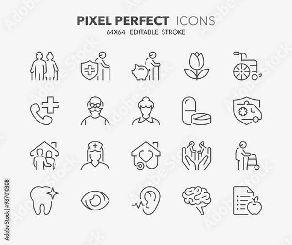 Fototapeta Line icons about elderly. Contains such icons as nursing home, insurances, medical assistance and more. Editable vector stroke. 64x64 pixel perfect