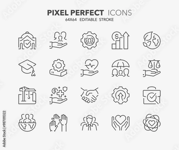 Fototapeta Line icons about social policies. Contains such icons as social services, legislative development, administration transparency and more. Editable vector stroke. 64x64 pixel perfect