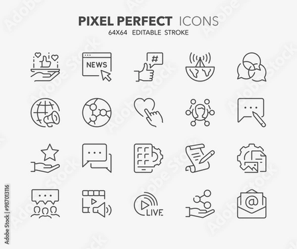 Fototapeta Line icons social media. Contains such icons as network, internet, digital marketing and more. Editable vector stroke. 64x64 pixel perfect