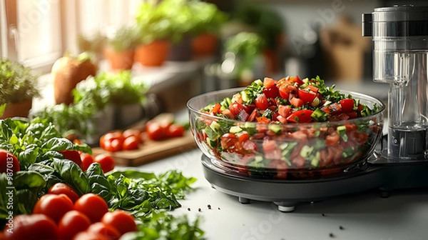 Fototapeta A high-quality food processor placed on a clean white countertop, with freshly chopped vegetables in the bowl and natural light streaming through the kitchen window, highlighting efficiency and