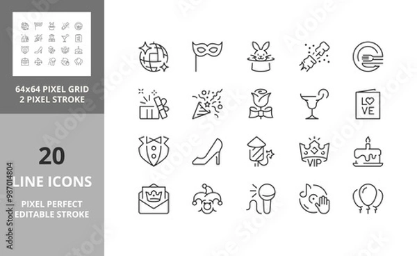 Fototapeta Line icons about party. Editable vector stroke. 64 and 256 Pixel Perfect scalable to 128px...