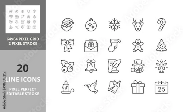 Fototapeta Christmas, party and celebrations, thin line icon set 1 of 2. Outline symbol collection. Editable vector stroke. 64 and 256 Pixel Perfect scalable to 128px
