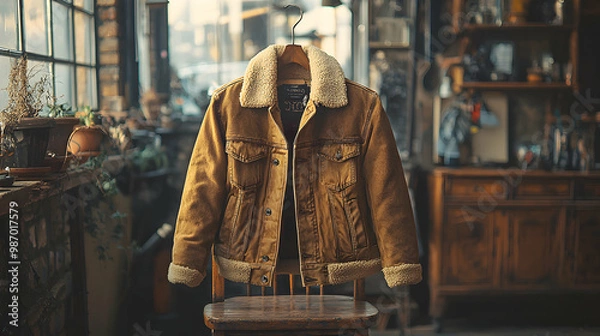 Fototapeta A chic bomber jacket displayed on a rustic wooden chair, with natural sunlight softly illuminating the fabric, evoking urban style, versatility, and modern fashion
