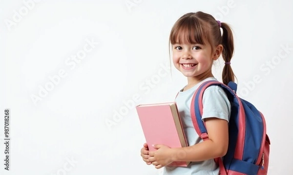 Obraz portrait funny child with backpacks and school books girl on pastel background.