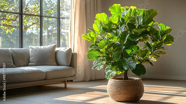 Fototapeta A large fiddle-leaf fig tree in a stylish woven basket, placed next to a modern sofa in a sunlit living room, evoking contemporary design, natural beauty, and urban jungle vibes