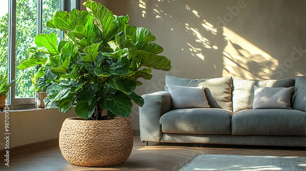 Fototapeta A large fiddle-leaf fig tree in a stylish woven basket, placed next to a modern sofa in a sunlit living room, evoking contemporary design, natural beauty, and urban jungle vibes