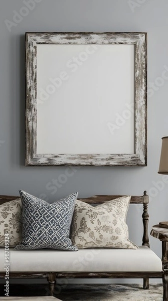 Obraz Mockup frame in a 3D rendered farmhouse living room interior featuring a distressed pine and linen frame a patterned accent pillow and a vintage table lamp