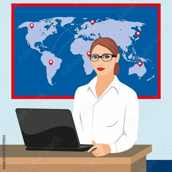 Obraz illustration of a girl in the office with a laptop on the background of the world map