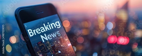 Fototapeta A news app on a smartphone showing a "Breaking News" notification with a blurred cityscape background, highlighting how news is consumed on-the-go.