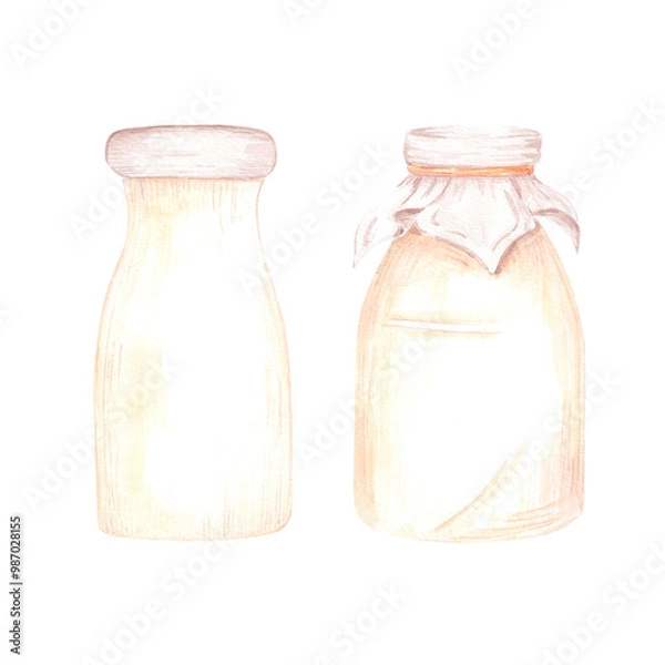 Obraz Hand drawn watercolor bottles of milk isolated on white background. Can be used for postcard, label, scrapbook and other printed products.