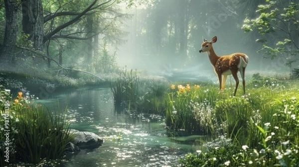 Fototapeta Graceful Deer by Forest Stream with Morning Mist and Wildflowers