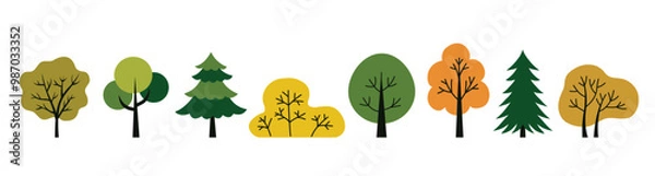 Fototapeta Trees set. Different colorful trees summer and autumn, collection isolated on a white background. Simple flat style vector illustration. Design concept for a poster, banner, school book, infographics
