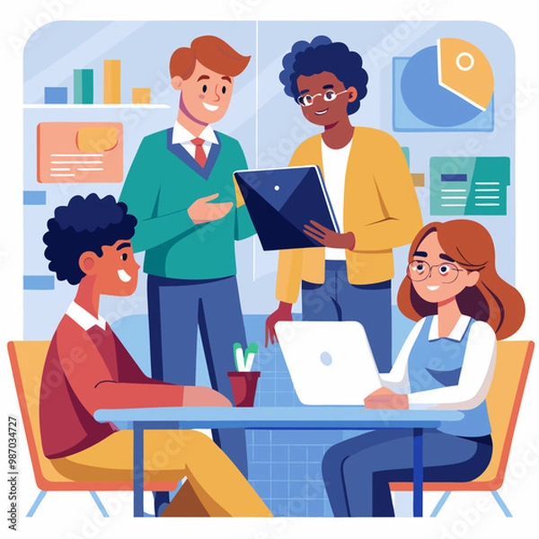 Fototapeta Lecturer Helps Scholar with Project, Advising on Their Work. Teacher Giving Lesson to Diverse Multiethnic Group of Female and Male Students in College. Line Art Vector Illustration
