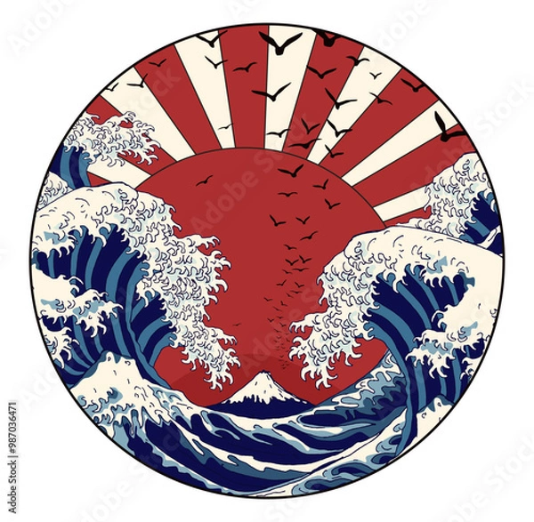 Fototapeta Great sea waves and Fuji mount. Red sun in the sky and flying birds. Vector graphic hand drawn colorful illustration in Asian style. Circle shape design. 