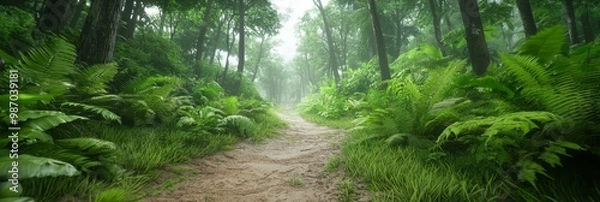 Fototapeta  A dirt path, encircled by lush greenery, runs through a forest, flanked by an abundance of verdant plants and trees