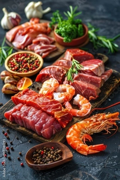 Obraz Fresh Seafood and Meat Assortment on Rustic Kitchen Table