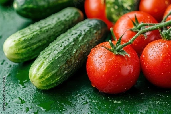 Fototapeta the freshest cucumbers and tomatoes for salad on a green background , ai