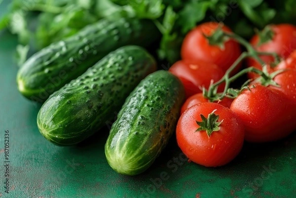 Fototapeta the freshest cucumbers and tomatoes for salad on a green background , ai