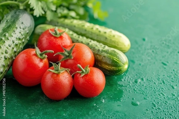 Fototapeta the freshest cucumbers and tomatoes for salad on a green background , ai