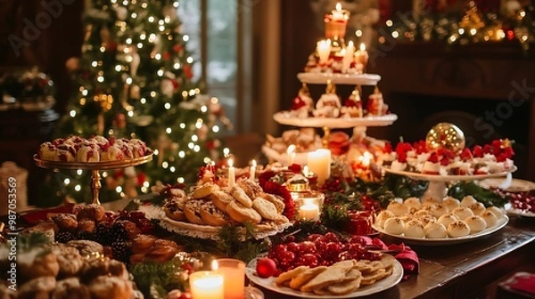 Obraz Elegant Christmas Buffet Table with Candles