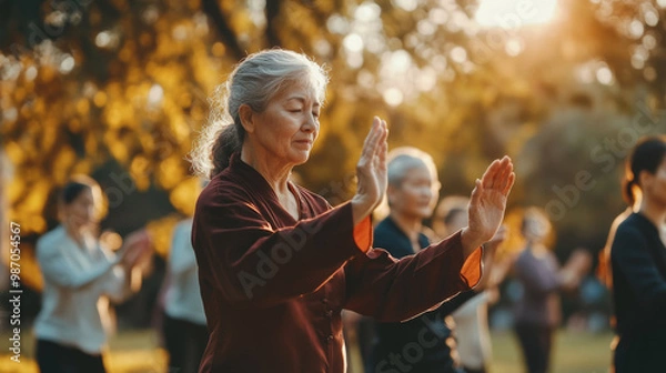 Fototapeta Inclusive Tai Chi Class for All Ages in Nature Setting
