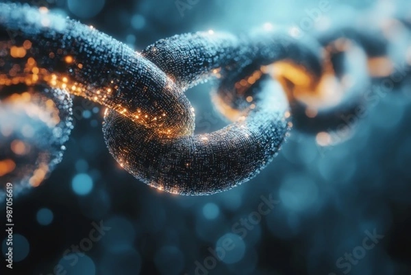 Fototapeta A close-up of a chain made of many small, glowing particles, with a blue bokeh background.