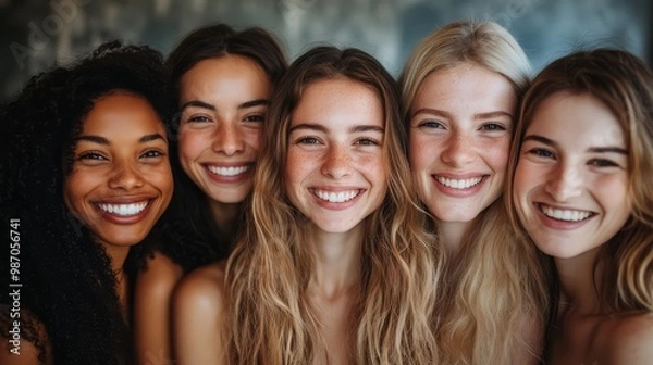 Fototapeta Group of five diverse women smiling joyfully, representing friendship, happiness, and unity.