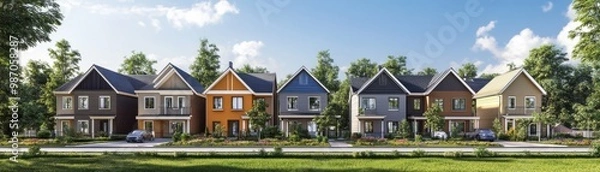 Fototapeta A beautiful row of modern houses with vibrant colors, surrounded by greenery under a clear blue sky.