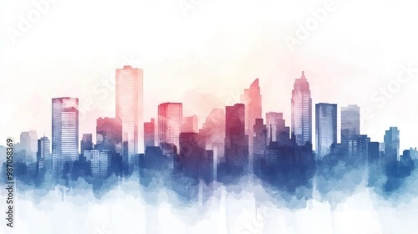 Obraz A beautiful watercolor illustration of a city skyline, showcasing vibrant colors and soft outlines, perfect for modern decor.