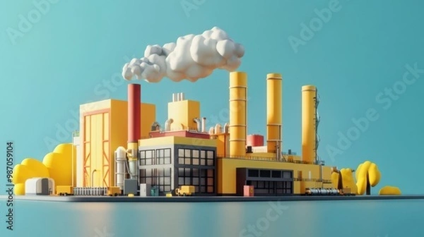 Obraz A colorful factory illustration with yellow buildings, smokestacks, and clouds against a blue background, perfect for industrial themes.