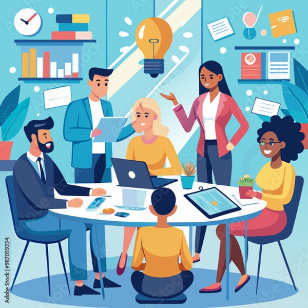 Fototapeta wide shot of a multiethnic group of people discussing in a meeting room at office. businesspeople making creative decisions for their startup and discussing options, vector art vector illustration.