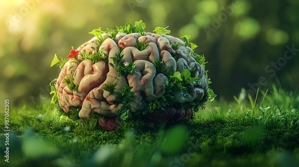 Fototapeta Conceptual 3D depicting a human brain covered in lush thriving vegetation growing over a soothing grassy background symbolizing the interconnectedness of the mind and the natural world