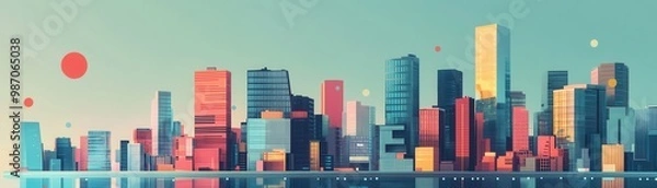Fototapeta A vibrant city skyline featuring modern architecture, colorful buildings, and a serene reflection on the water.