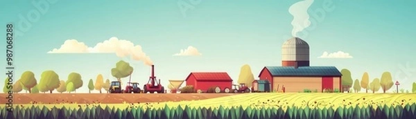 Fototapeta A vibrant illustration of a farm with a barn, tractor, and trees under a clear blue sky, showcasing pastoral life and agriculture.