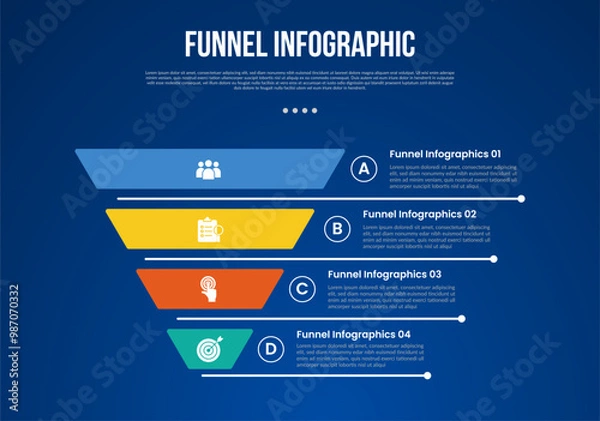 Fototapeta funnel infographic with reverse pyramid and line separation distance with 4 point with dark style for slide presentation