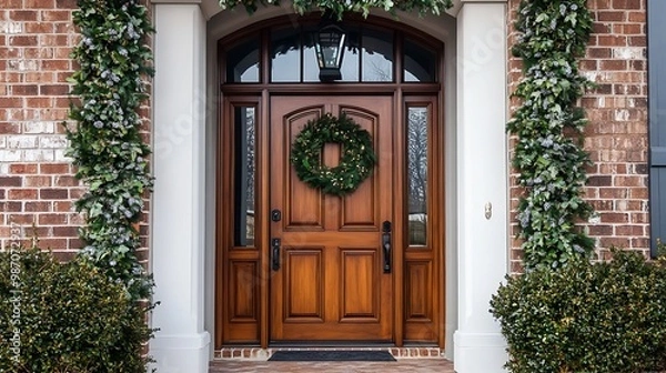 Fototapeta Elegant Front Door with Wreath and Garland