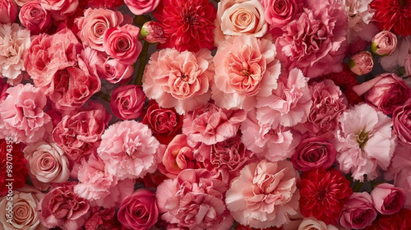 Obraz A close up of an array of pink and red carnations, with some in full bloom and others as buds, arranged on top of each other to create the effect of a bouquet. 