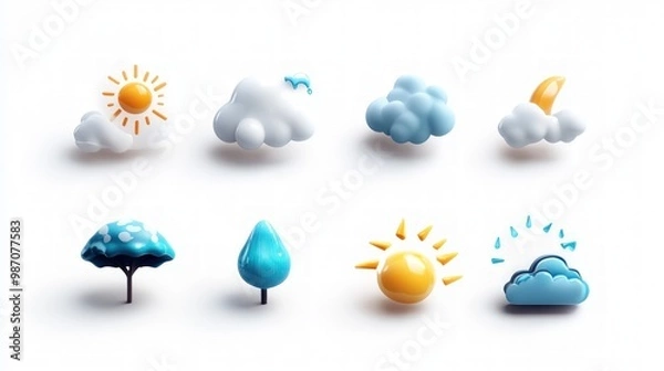 Fototapeta A set of 3D weather icons, including sun, clouds, rain, and moon, perfect for apps and websites.