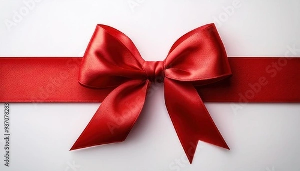 Fototapeta Close-up of a Shiny Red Satin Ribbon Tied in a Neat Bow on a Horizontal Red Band Against a Clean White Background. Perfect for Christmas New  Year Holiday Gift Wrapping Celebrations  Special Occasions