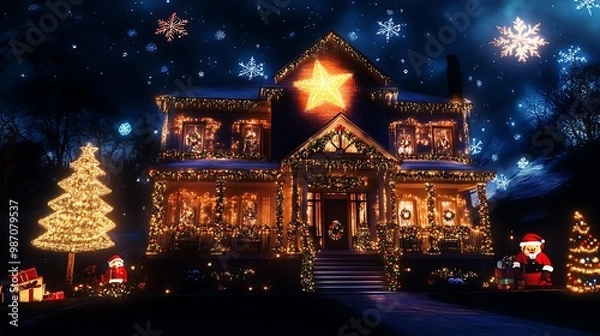 Fototapeta Projected Christmas Greetings on the House Facade