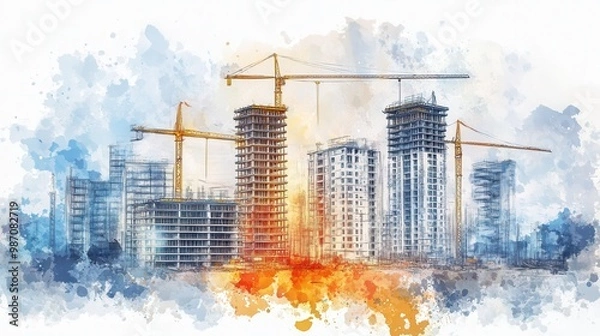Fototapeta Vibrant watercolor illustration of a modern construction site with cranes and buildings, symbolizing urban development and progress.