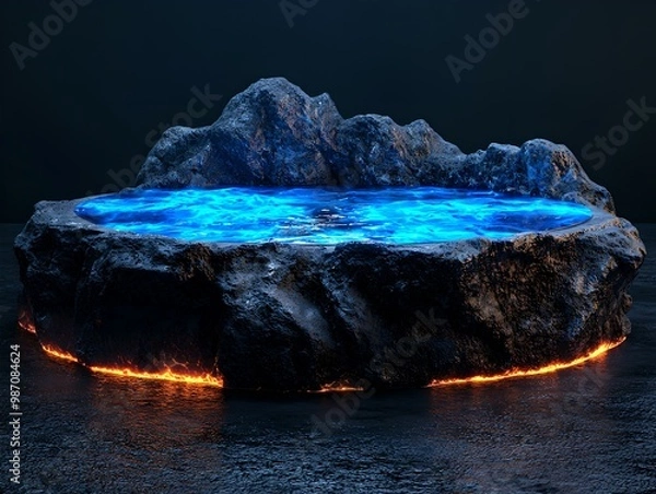 Fototapeta A glowing podium rocky terrain, illuminated by fiery edges, creates a striking, mystical scene. Pedestal stage for presentation