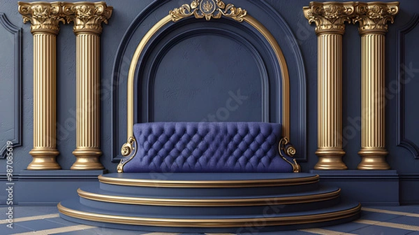 Fototapeta A luxurious interior featuring a blue velvet sofa, ornate golden columns, and a decorative arch, exuding elegance and grandeur.